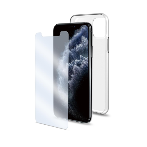 CELLY APPLE iPHONE 11 PRO KIT COVER IN TPU TRASPARENTE + PROTEGGI SCHERMO IN VETRO TRASPARENTE ANTIBATTERICI